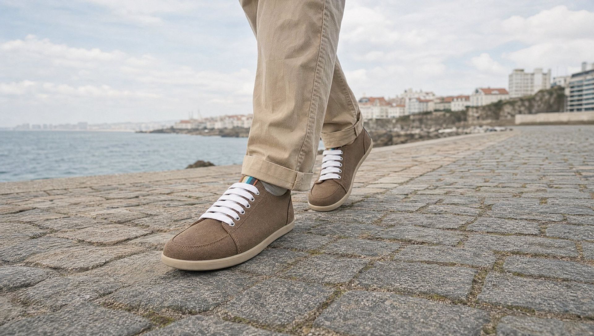 Person in beige 4.bare shoes walking on cobblestones by the sea