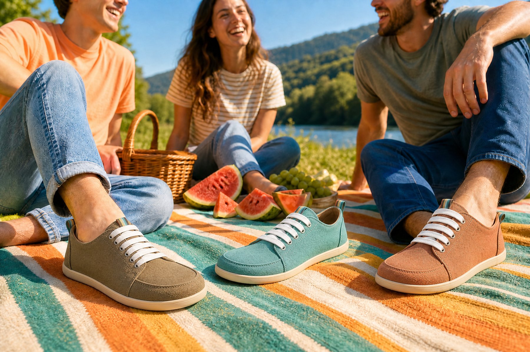 Picnic on a striped blanket by the river, 4.bare shoes in the frame