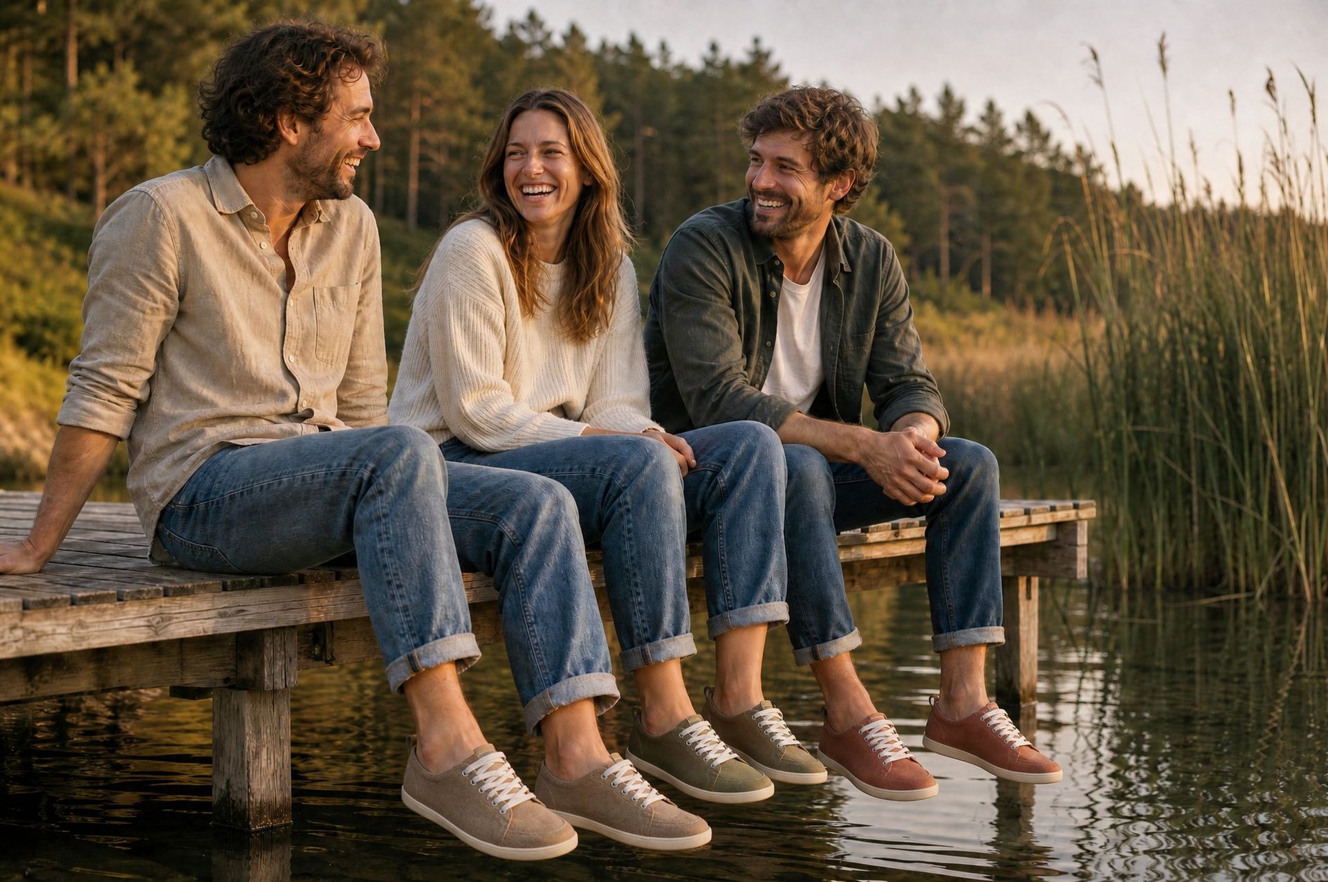 Three friends laughing on a river jetty in 4.bare shoes