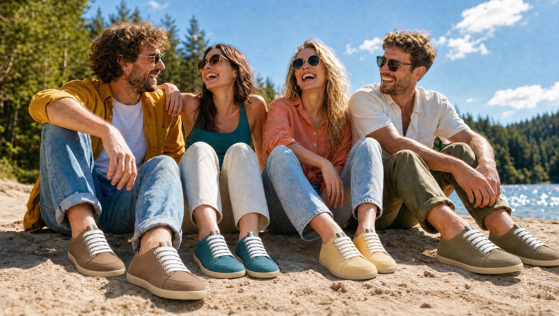 Four laughing friends sit on a sunny river beach in colourful 4.bare shoes