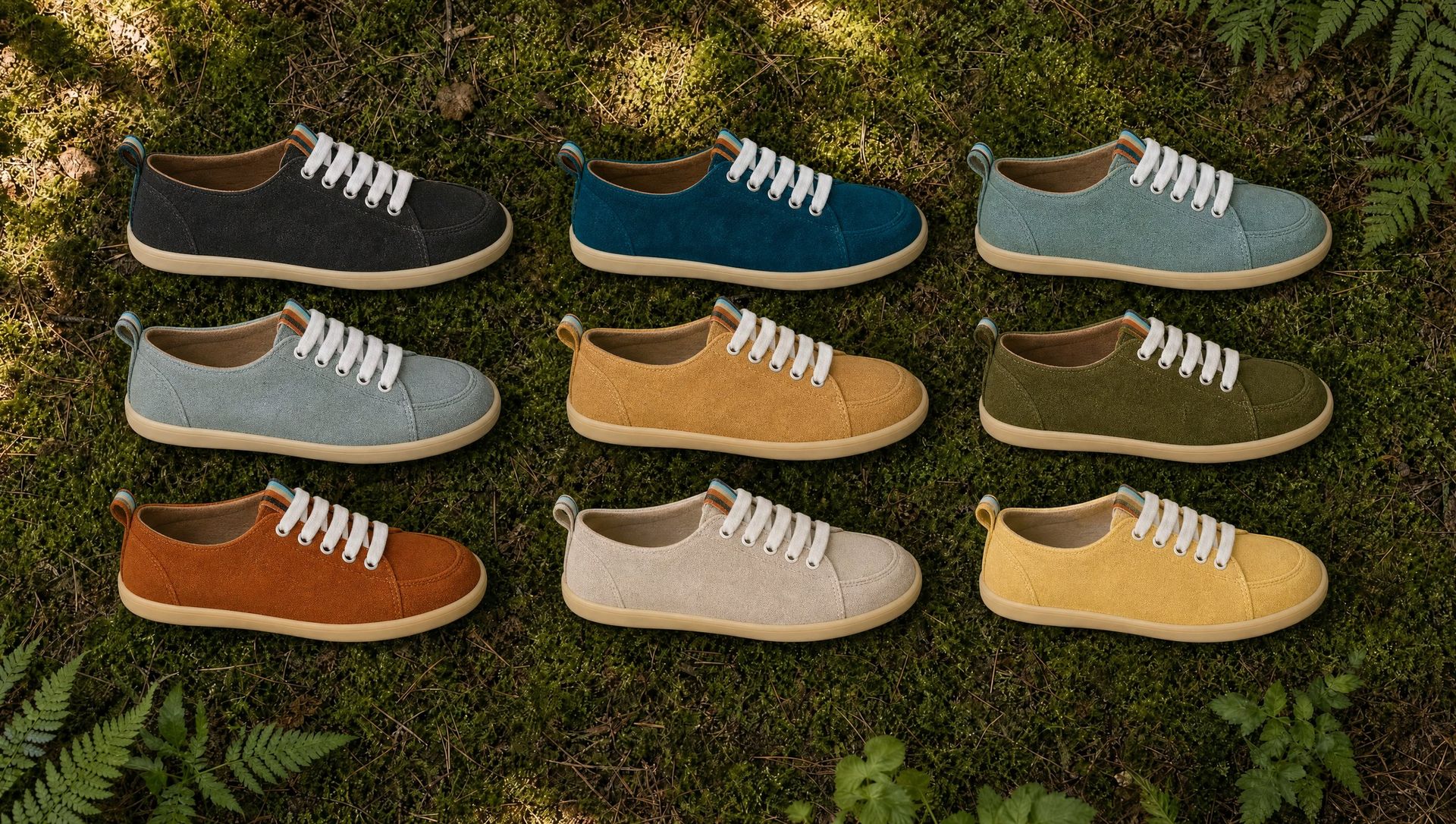 Nine colours of 4.bare shoes laid out on forest moss