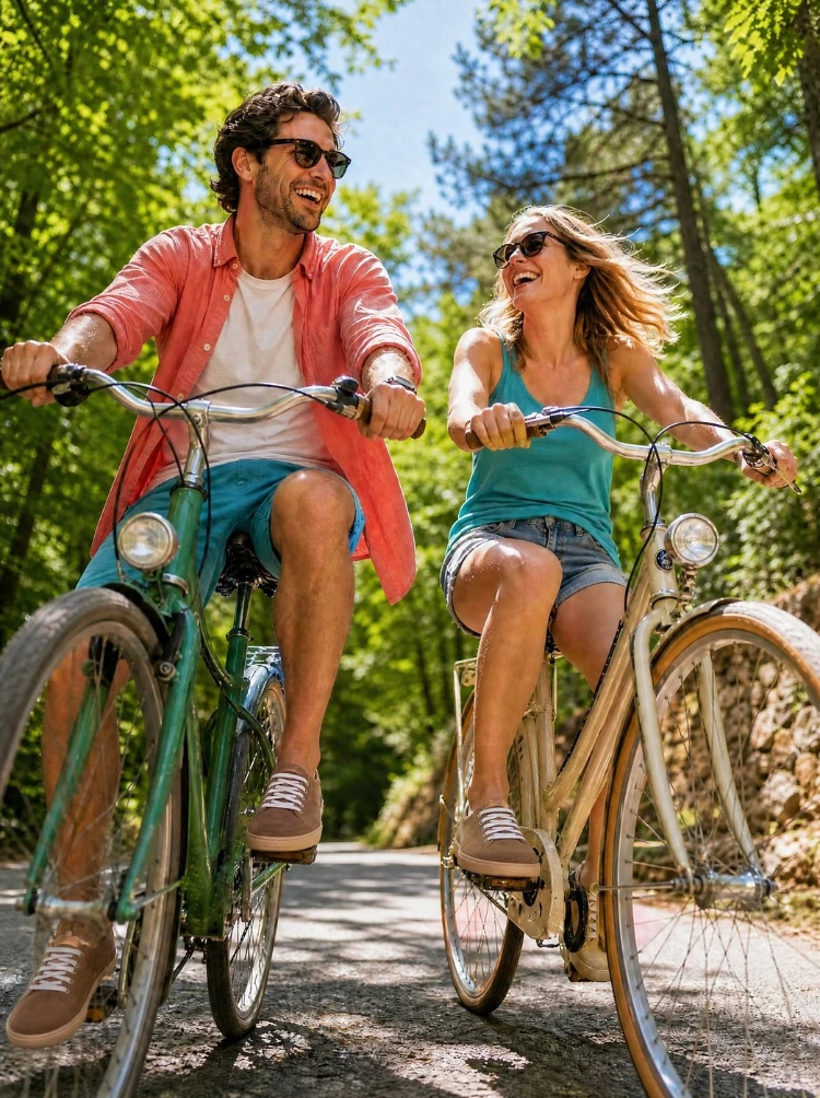 Couple riding bikes on a forest road in 4.bare shoes