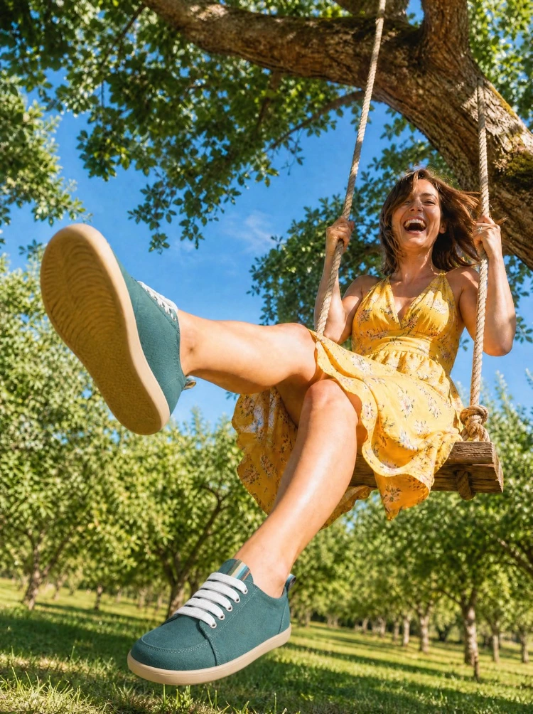 Laughing woman on a swing in an orchard, in 4.bare shoes