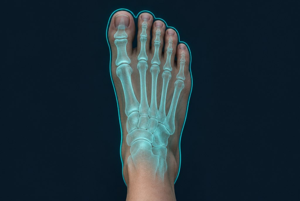 A bare foot seen from above with an X-ray layer and a glowing outline that follows its natural shape