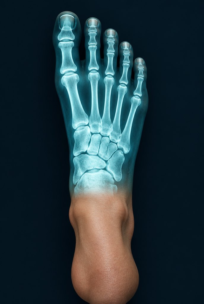 A human foot seen from above, turning into an X-ray that shows the bones of the toes and mid-foot