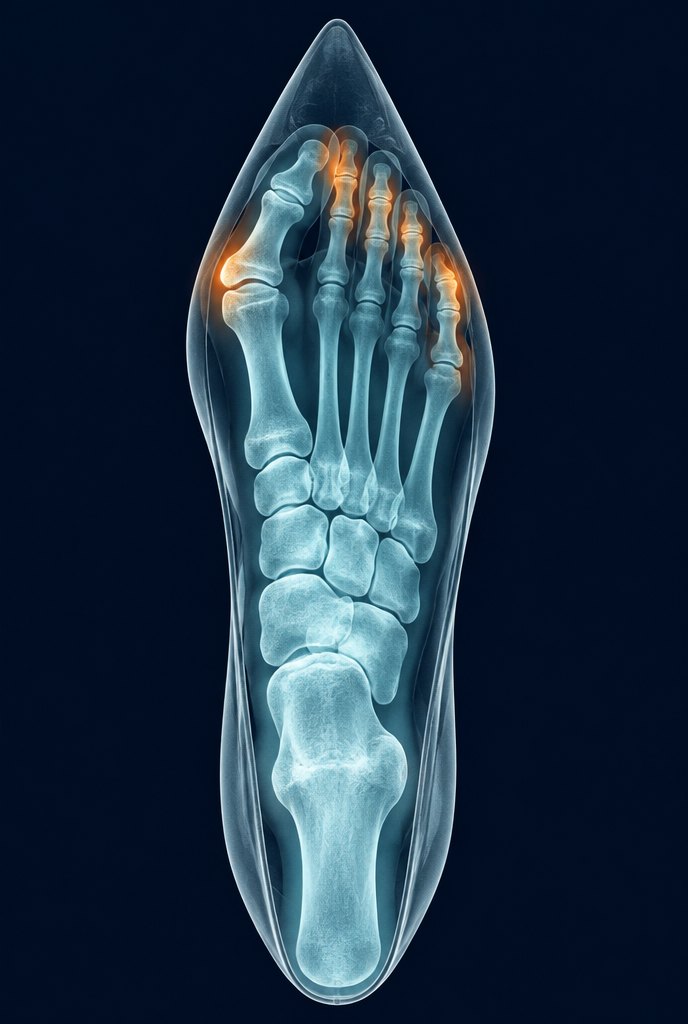 X-ray style illustration: foot bones inside a narrow, pointed shoe, toes pressed together
