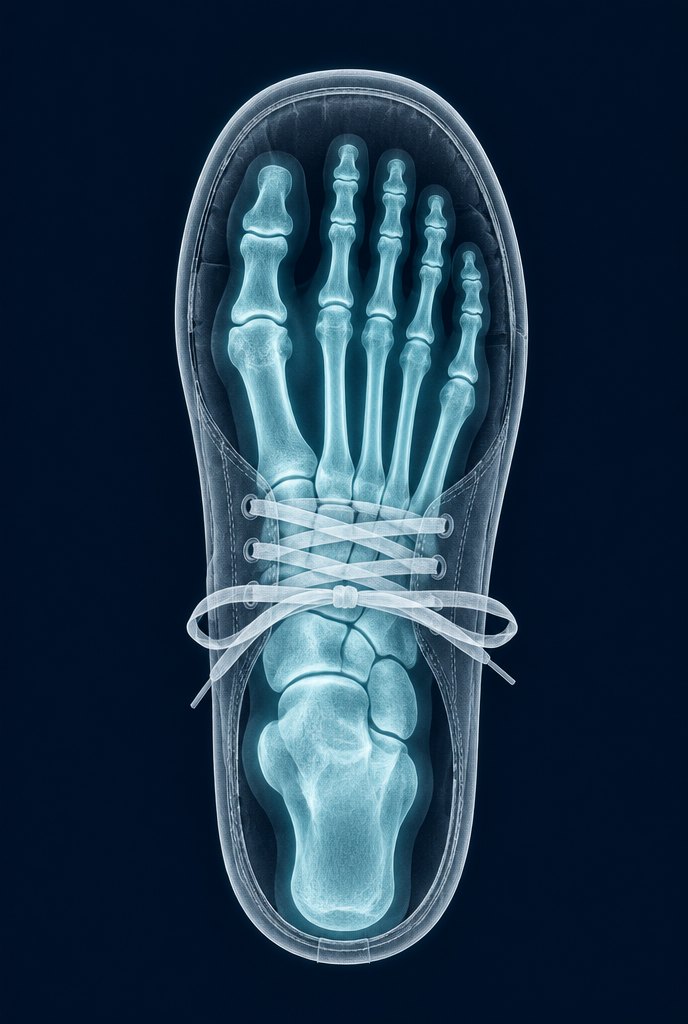 X-ray style illustration: foot bones inside a wide 4.bare sneaker, toes straight with room around them