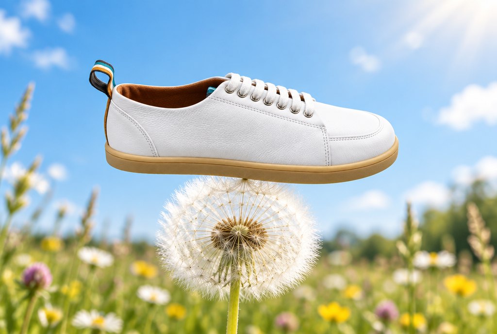 A white 4.bare leather sneaker balanced on a dandelion seed head in a sunny meadow