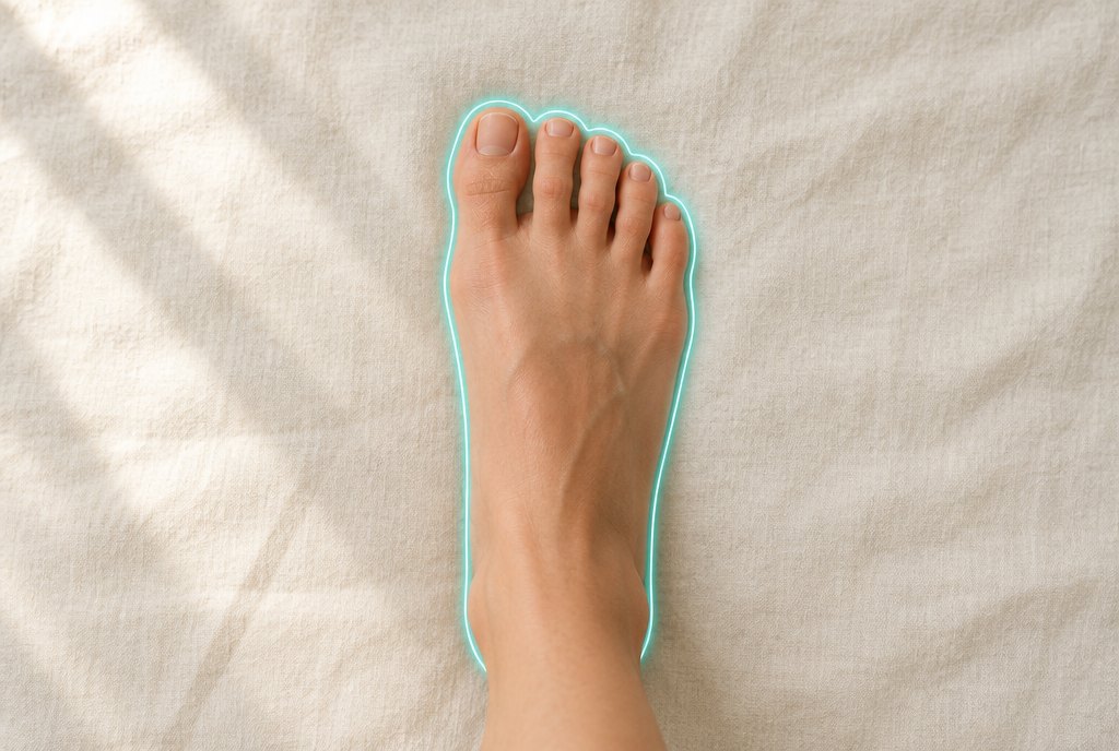 A bare foot on linen seen from above, toes relaxed and spread, a thin glowing line tracing its shape