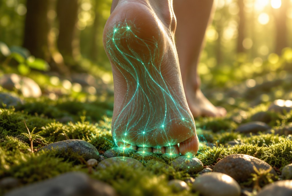 A bare foot stepping onto moss and pebbles, fine glowing lines on the sole where it touches the ground