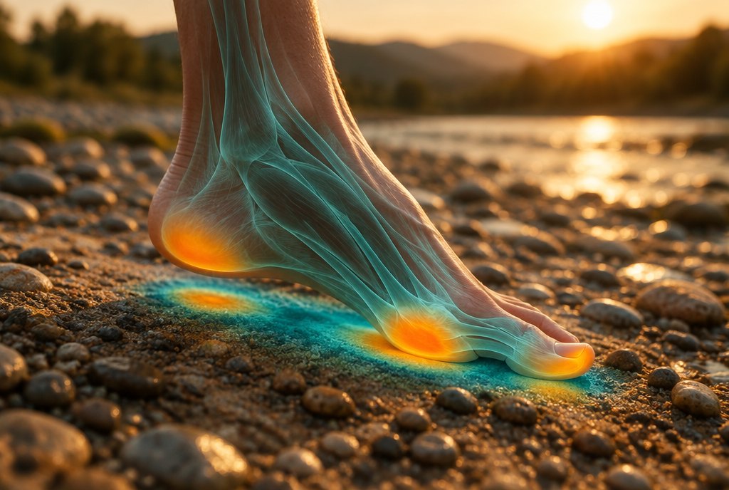 A bare foot mid-step on river sand, a glowing map under the sole showing where the pressure lands