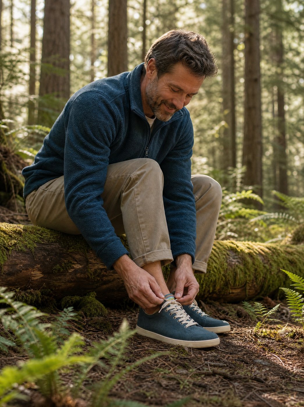 A man sitting on a log in the forest, tying the laces of his 4.bare sneakers